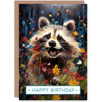Artery8 Happy Birthday Playful Raccoon in Wildflower Meadow Birthday Card