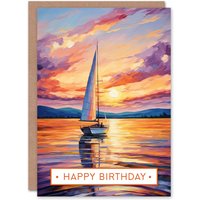Artery8 Happy Birthday Sunset Sailing Sailboat Vibrant Seascape Birthday Card