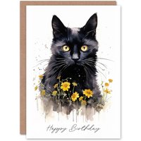 Artery8 Happy Birthday Black Cat with Yellow Daisy Flowers Birthday Card in White