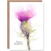 Artery8 Happy Birthday Scottish Thistle Flower Watercolor Birthday Card in White