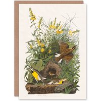 Artery8 John James Audubon Art Card Meadow Lark Bird & Yellow False Foxglove in White