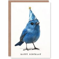 Artery8 Cute Blue Bird With a Party Hat Painting Birthday Card in White