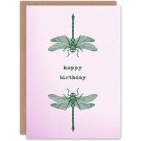 Artery8 Dragonfly Pair Insect Bug Vintage Style Drawing Birthday Card in White