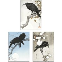 Artery8 Set of 3 Ohara Koson Crows Black White Blue Japanese Art Prints | Size: A4