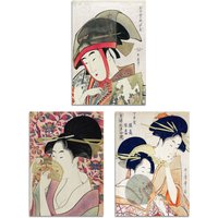 Artery8 Set of 3 Kitagawa Women Japanese Ukiyo-e Pink Blue Wall Art Prints in Beige | Size: A4