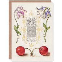 Artery8 Model Book of Calligraphy Art Card Columbines & Sweet Cherries in White