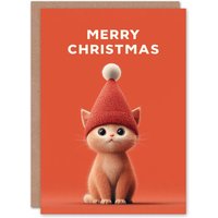 Artery8 Christmas Card Ginger Cat Lover Cute Kitten Wearing Knitted Hat in Red