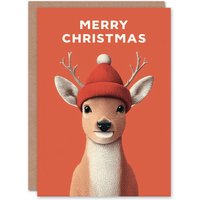 Artery8 Christmas Card Cute Reindeer Calf Wearing a Red Knitted Hat