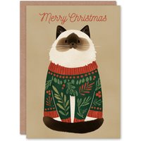 Artery8 Christmas Card Cute Brown Point Ragdoll Cat in Festive Sweater in Beige