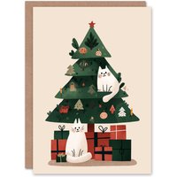Artery8 Christmas Card Decorated Tree With Two Pet Cats & Presents in Beige