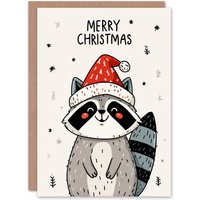 Artery8 Christmas Card Cute Happy Kawaii Cartoon Racoon In Santa Hat in White
