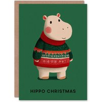 Artery8 Christmas Card Cute Baby Pygmy Hippopotamus with Festive Sweater in Green