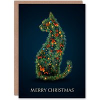 Artery8 Christmas Card Cat Silhouette Colourful Decorated Christmas Tree in Blue