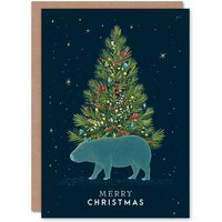 Artery8 Christmas Card Capybara & Colourful Decorated Christmas Tree in Blue