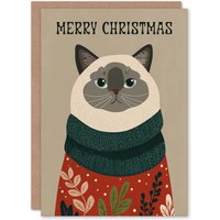 Artery8 Christmas Card Grey Ragdoll Cat Lover Pet With Festive Sweater in Beige