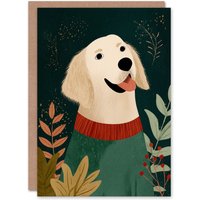 Artery8 Christmas Card Golden Retriever in Festive Sweater Folk Art