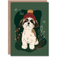 Artery8 Christmas Card Cute Shih Tzu Dog Pet Midcentury Modern Style in Green