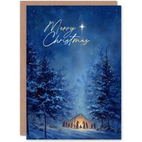 Artery8 Christmas Card Nativity Scene in Snowy Winter Pine Tree Forest in Blue