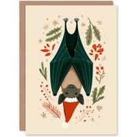 Artery8 Christmas Card Upside Down Bat in Santa Hat With Holly & Pine in Beige