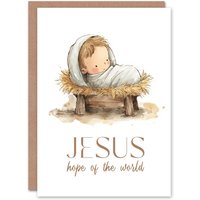Artery8 Christmas Card Hope of World Baby Jesus in Manger Watercolour in White