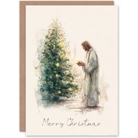 Artery8 Christmas Card Christ Reading by Christmas Tree Watercolour in White