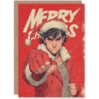Artery8 Christmas Card Cool Young Anime Fighter Punch Fist Bump in Red