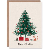 Artery8 Christmas Card Christmas Tree Kittens & Presents Watercolour in White