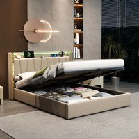 BTM Upholstered Bed with Hydraulic Storage, LED Headboard & Charging Ports in Beige | Size: Double