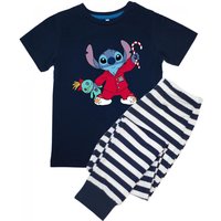 Lilo & Stitch Boy's Short-Sleeved Christmas Long Pyjama Set in Navy | Size: 4-5 Years