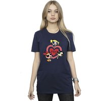 Powerpuff Girls Women's Double Heart Cotton Boyfriend T-Shirt in Navy | Size: 2XL