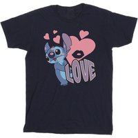 Lilo & Stitch Boy's Love Hearts Cotton T-Shirt in Navy | Size: 7-8 Years