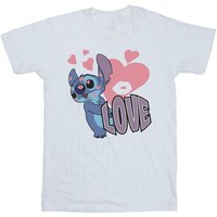 Lilo & Stitch Girl's Love Hearts Cotton T-Shirt in White | Size: 5-6 Years