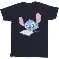 Lilo & Stitch Men's Reading Lying Down Cotton T-Shirt in Navy | Size: 3XL