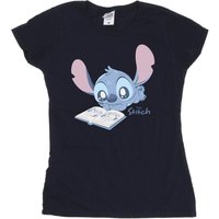 Lilo & Stitch Women's Reading Lying Down Cotton T-Shirt in Navy | Size: Medium