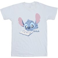Lilo & Stitch Boy's Reading Lying Down Cotton T-Shirt in White | Size: 9 Years