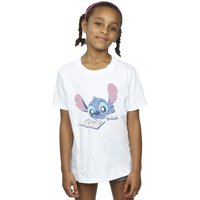 Lilo & Stitch Girl's Reading Lying Down Cotton T-Shirt in White | Size: 5-6 Years