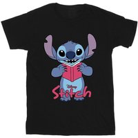 Lilo & Stitch Boy's Reading Standing Cotton T-Shirt in Black | Size: 5-6 Years
