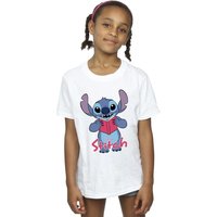 Lilo & Stitch Girl's Reading Standing Cotton T-Shirt in White | Size: 9 Years