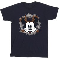 Disney Boy's Mickey Mouse Reindeer Wreath Cotton T-Shirt in Navy | Size: 7-8 Years
