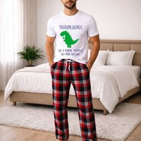 60 SECOND MAKEOVER Men's Therapist Dinosaur Tartan Pyjama Set in Red | Size: Medium