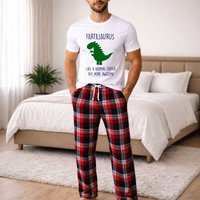 60 SECOND MAKEOVER Men's Farter Dinosaur Tartan Pyjama Set in Red | Size: 2XL