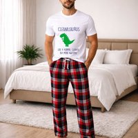 60 SECOND MAKEOVER Men's Cleaner Dinosaur Tartan Pyjama Set in Red | Size: Medium