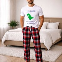 60 SECOND MAKEOVER Men's Lazy Dinosaur Tartan Pyjama Set in Red | Size: XL