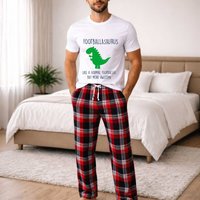 60 SECOND MAKEOVER Men's Footballer Dinosaur Tartan Pyjama Set in Red | Size: Medium