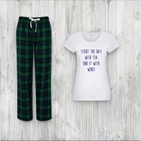 60 SECOND MAKEOVER Women's Start The Day With Tea End It With Wine Pyjama Set in Green | Size: Medium