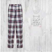 60 SECOND MAKEOVER Women's I Work Hard So My Cat Can Have A Better Life Pyjama Set in Pink | Size: XL