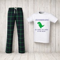 60 SECOND MAKEOVER Men's Greatgrandadsaurus Great Grandad Dinosaur Tartan Pyjama Set in Green | Size: Medium