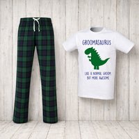 60 SECOND MAKEOVER Men's Groomasaurus Groom Dinosaur Tartan Pyjama Set in Green | Size: XL