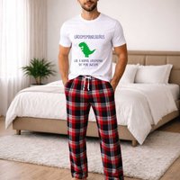 60 SECOND MAKEOVER Men's Groomsmanasaurus Groomsman Dinosaur Tartan Pyjama Set in Red | Size: XL