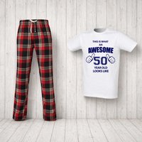 60 SECOND MAKEOVER Men's This Is What An Awesome 50 Year Old Looks Like Tartan Pyjama Set in Red | Size: XL